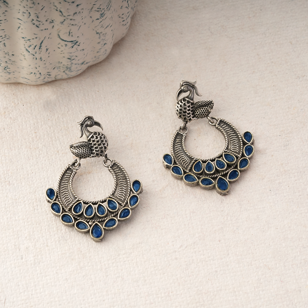 ManikMor- Silver Brass Oxidised dangler earrings(Blue)
