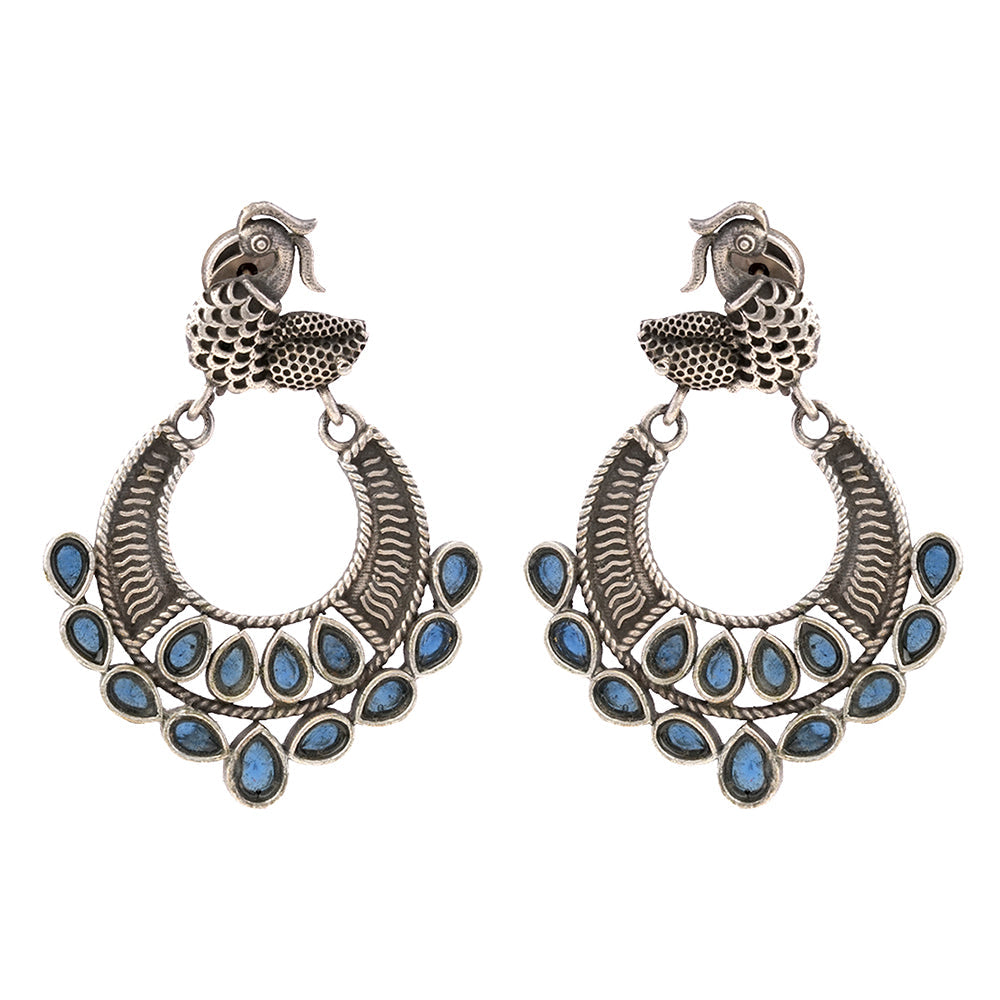 ManikMor- Silver Brass Oxidised dangler earrings(Blue)