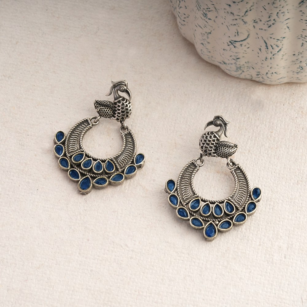 ManikMor- Silver Brass Oxidised dangler earrings(Blue)