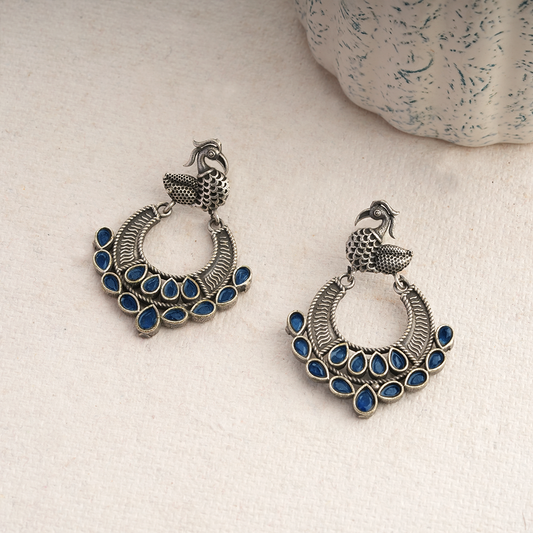 ManikMor- Silver Brass Oxidised dangler earrings(Blue)