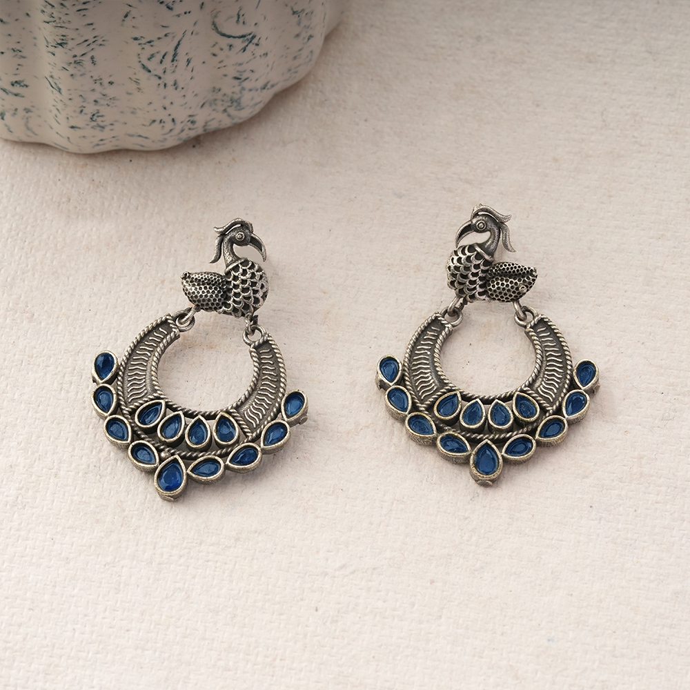 ManikMor- Silver Brass Oxidised dangler earrings(Blue)