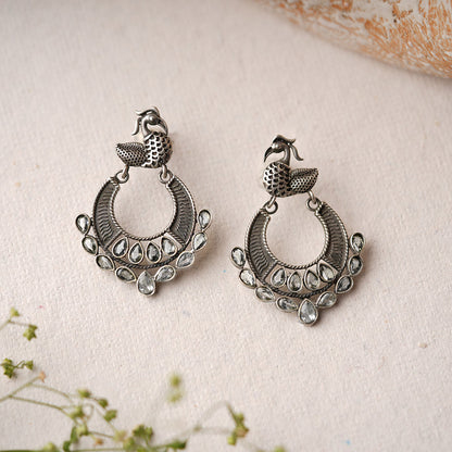 ManikMor- Silver Brass Oxidised dangler earrings(white)