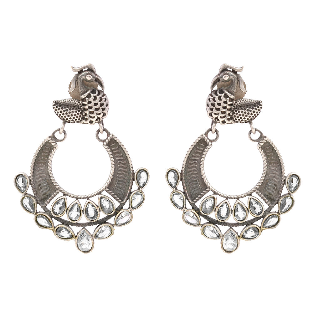 ManikMor- Silver Brass Oxidised dangler earrings(white)