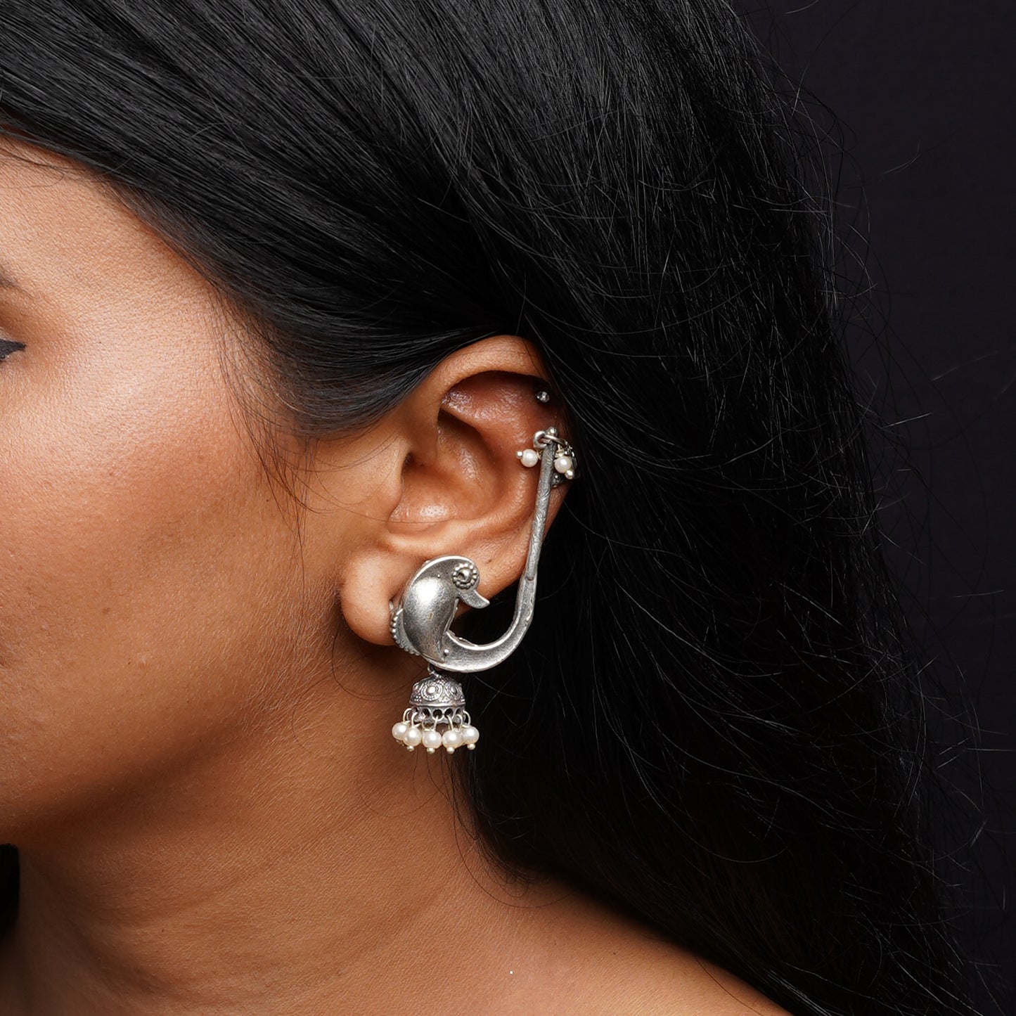 Kalashree- Silver Brass oxidised dangler earrings