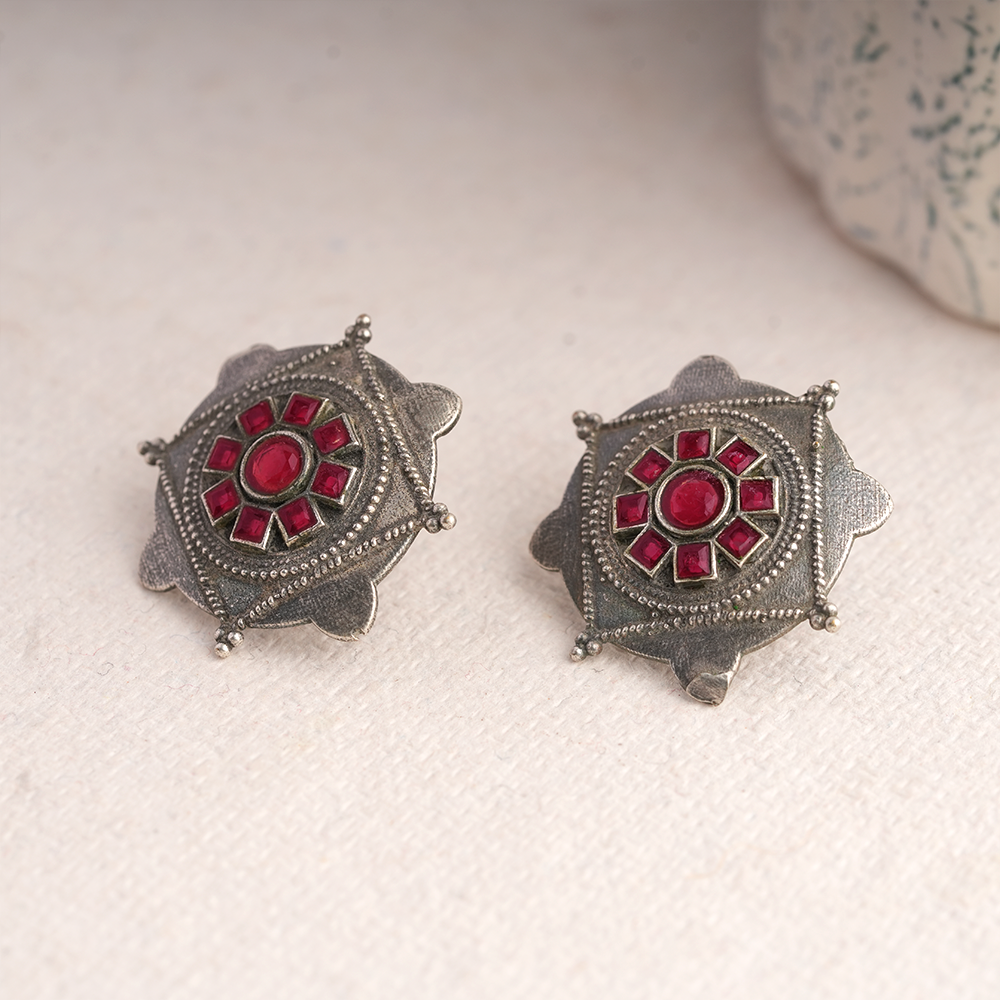 Laalima- Silver Brass Stud Oxidised Earrings