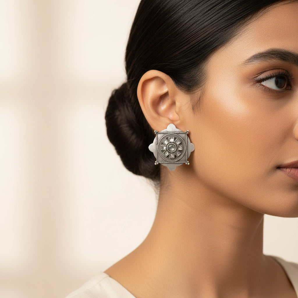 Laalima- Silver Brass Stud Oxidised Earrings