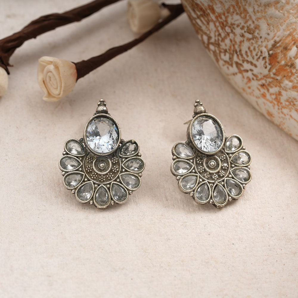 Roohini- Silver Brass Stone-Studded Stud Earrings