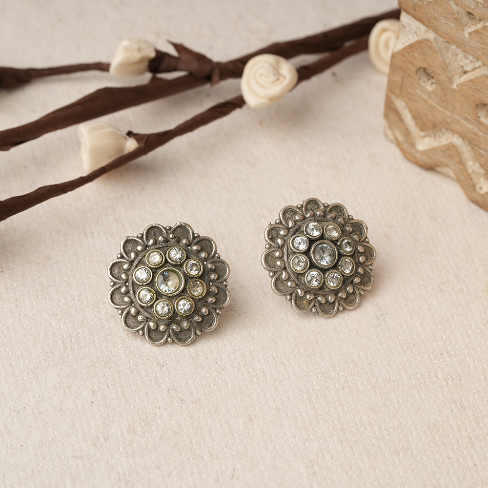 Alankrita- Silver Brass Oxidised Stud Earrings