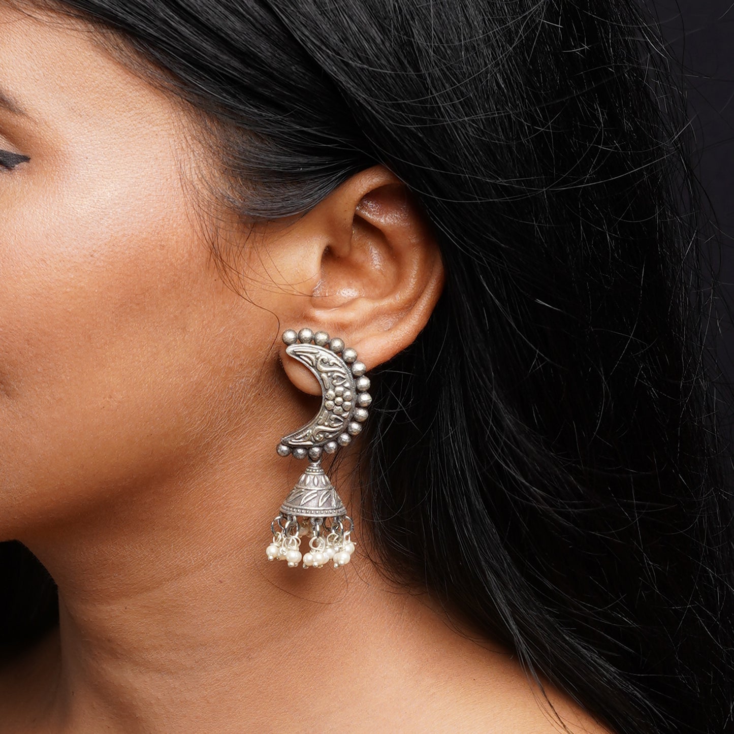 Shashi- Silver Brass oxidised dangler earrings