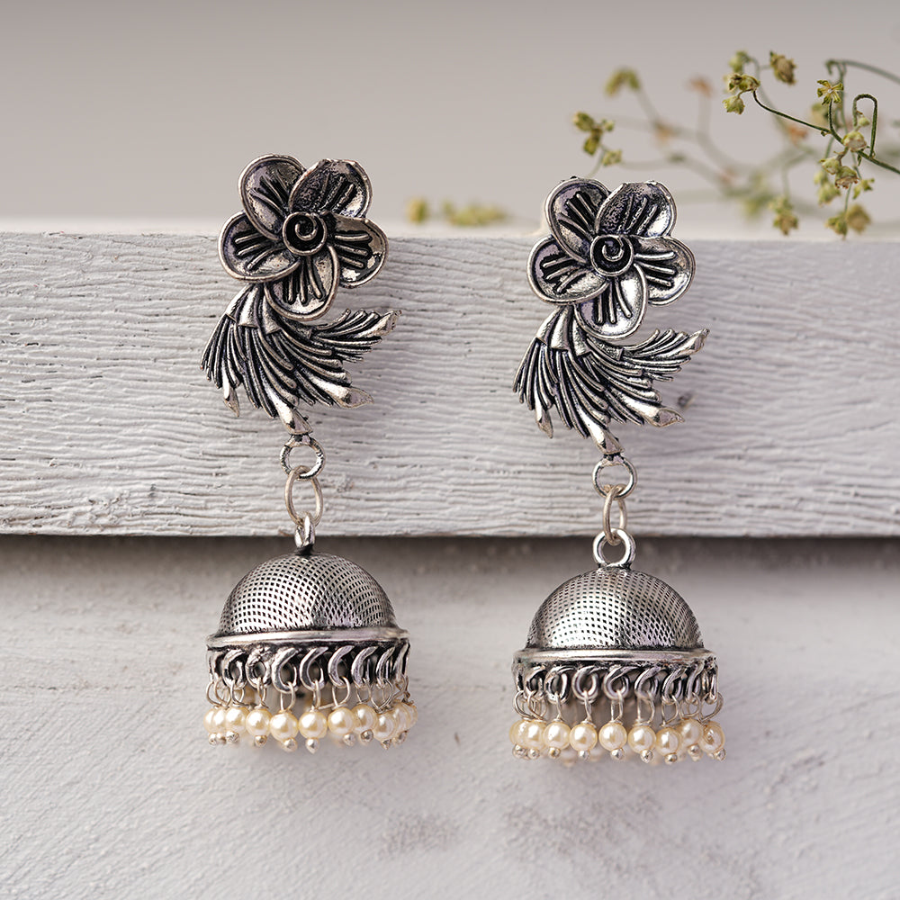 Muktika- Silver Brass Pearl dangler earrings