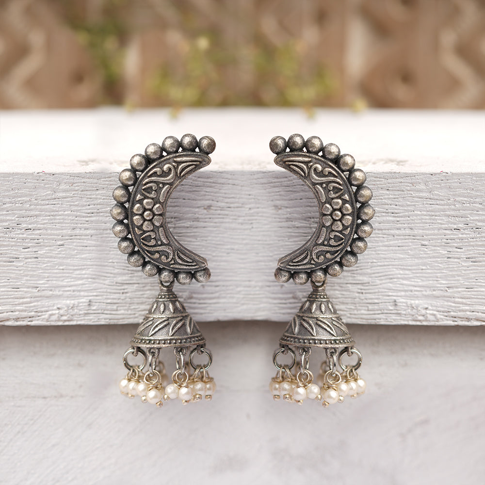ArdhChandra- Silver Brass oxidised dangler earrings