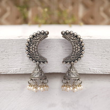 ArdhChandra- Silver Brass oxidised dangler earrings