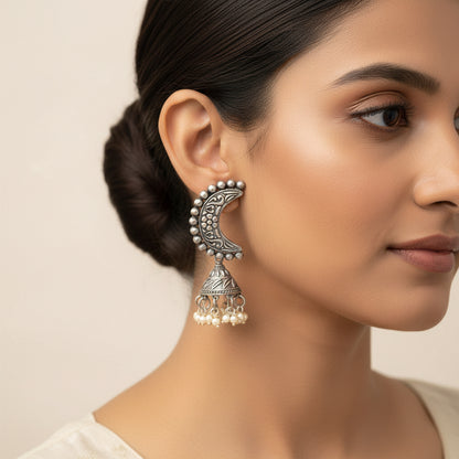 ArdhChandra- Silver Brass oxidised dangler earrings