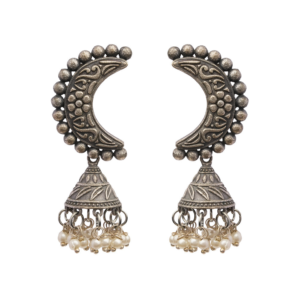 ArdhChandra- Silver Brass oxidised dangler earrings