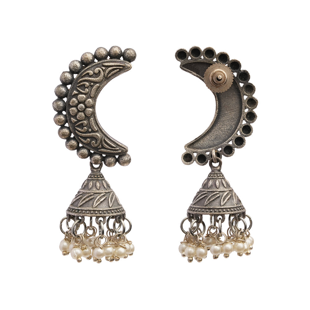 ArdhChandra- Silver Brass oxidised dangler earrings