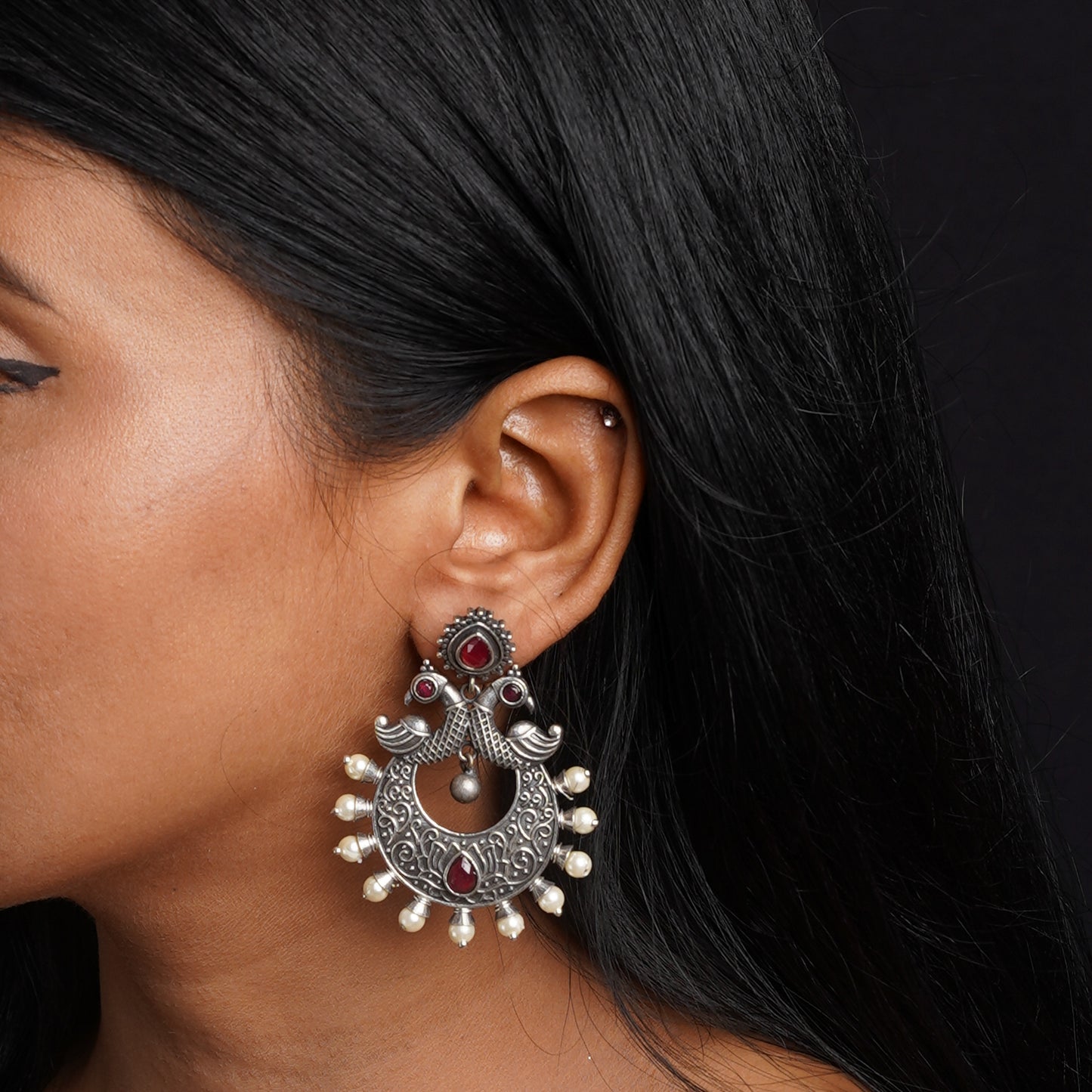 DwiMayura- Silver Brass Oxidised dangler earrings