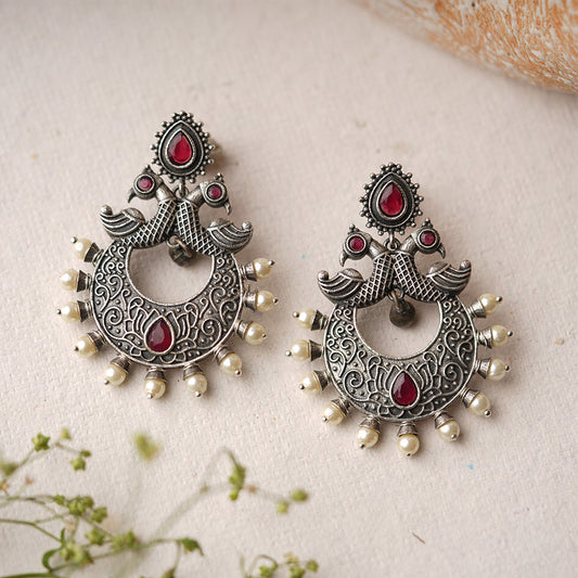 DwiMayura- Silver Brass Oxidised dangler earrings