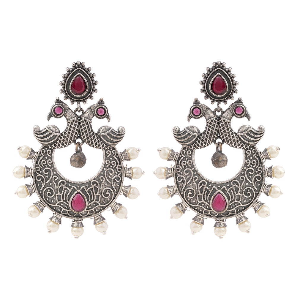 DwiMayura- Silver Brass Oxidised dangler earrings
