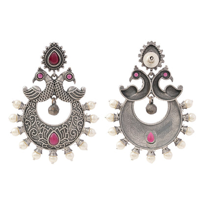 DwiMayura- Silver Brass Oxidised dangler earrings
