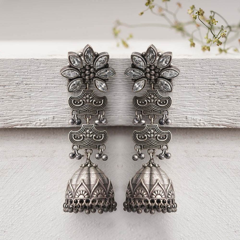 Kundanika- Silver Brass oxidised dangler earrings