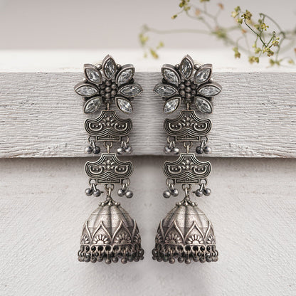 Kundanika- Silver Brass oxidised dangler earrings
