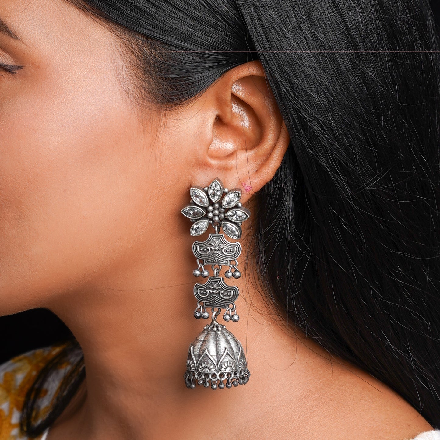Kundanika- Silver Brass oxidised dangler earrings