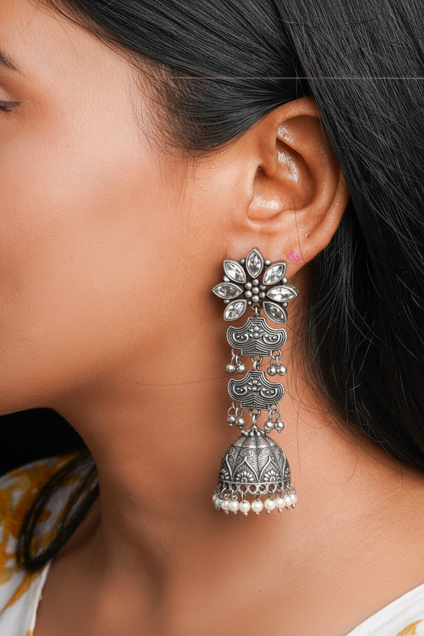 Kundanika- Silver Brass oxidised dangler earrings