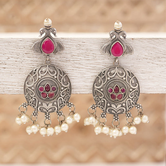 Pravah- Silver Brass Pearl dangler earrings(Red)