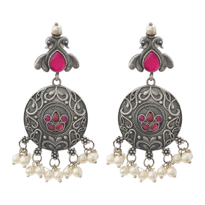 Pravah- Silver Brass Pearl dangler earrings(Red)