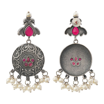 Pravah- Silver Brass Pearl dangler earrings(Red)
