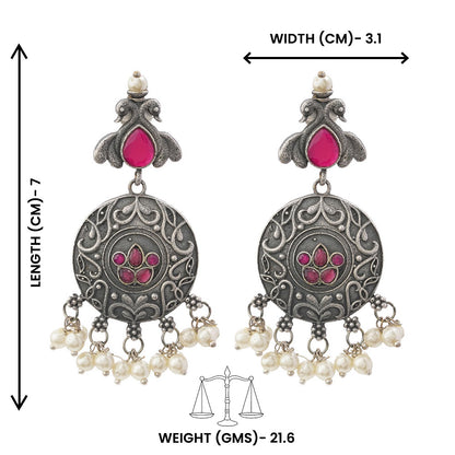 Pravah- Silver Brass Pearl dangler earrings(Red)