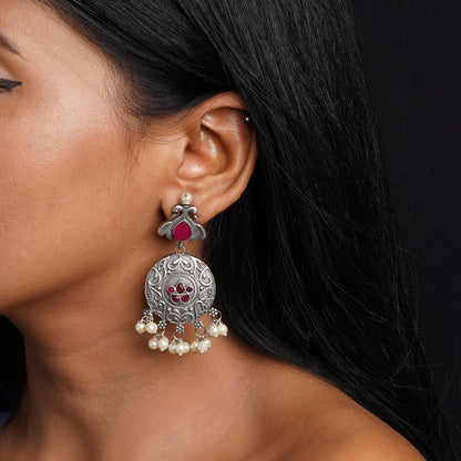 Pravah- Silver Brass Pearl dangler earrings(Blue)