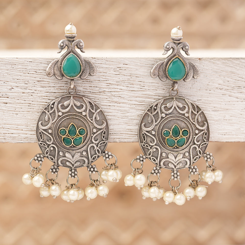 Pravah- Silver Brass Pearl dangler earrings(Blue)