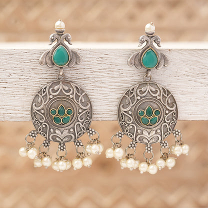 Pravah- Silver Brass Pearl dangler earrings(Blue)