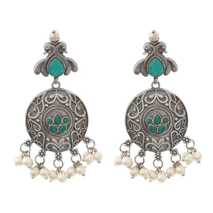 Pravah- Silver Brass Pearl dangler earrings(Blue)