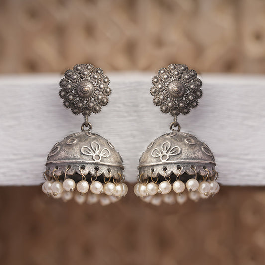 Kusum- Silver Brass Pearl jhumka earrings