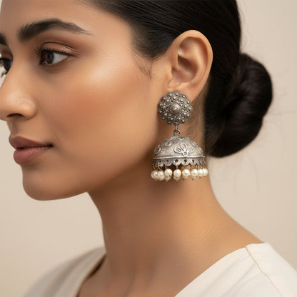Kusum- Silver Brass Pearl jhumka earrings