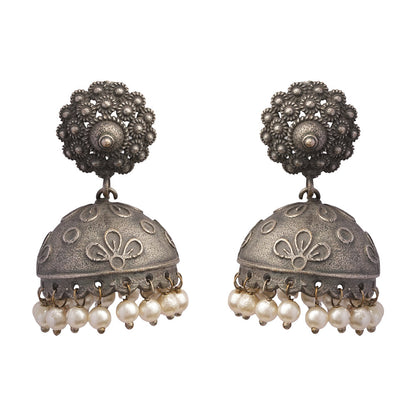 Kusum- Silver Brass Pearl jhumka earrings