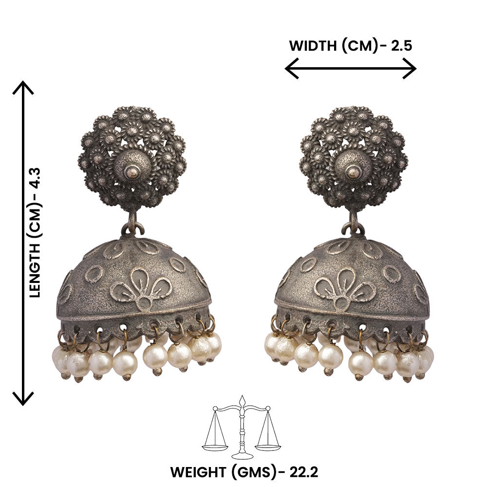 Kusum- Silver Brass Pearl jhumka earrings