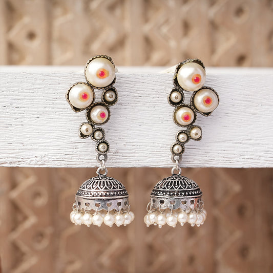 Motikshi- Silver Brass Pearl jhumka earrings