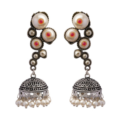 Motikshi- Silver Brass Pearl jhumka earrings