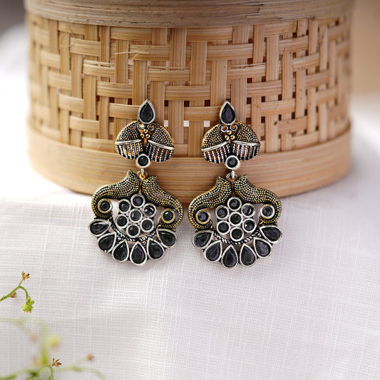 ChandVrit- Silver Brass Oxidised dangler earrings