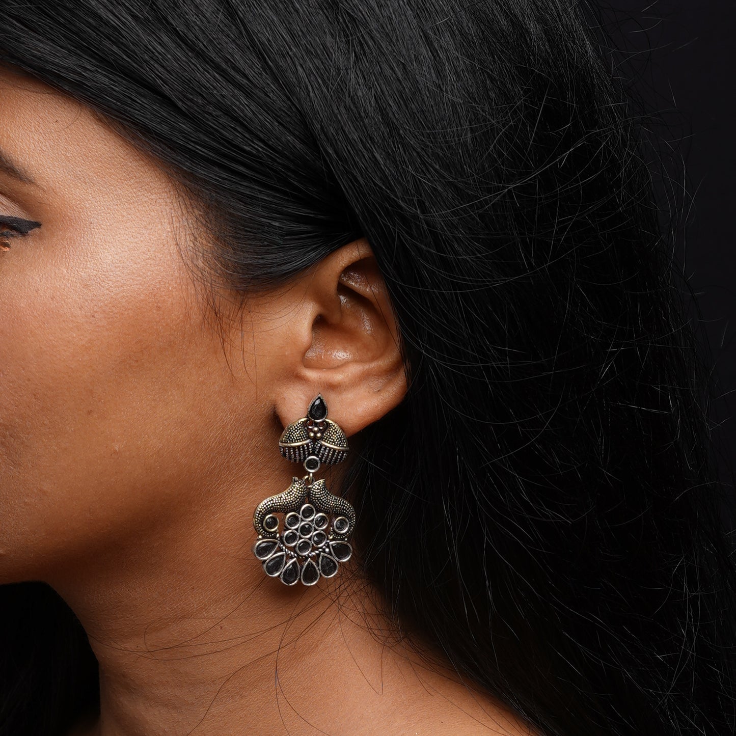 ChandVrit- Silver Brass Oxidised dangler earrings