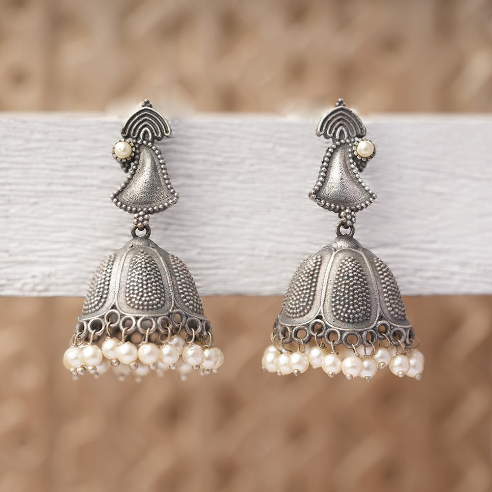 NeelKanthi- Silver Brass Pearl jhumka earrings