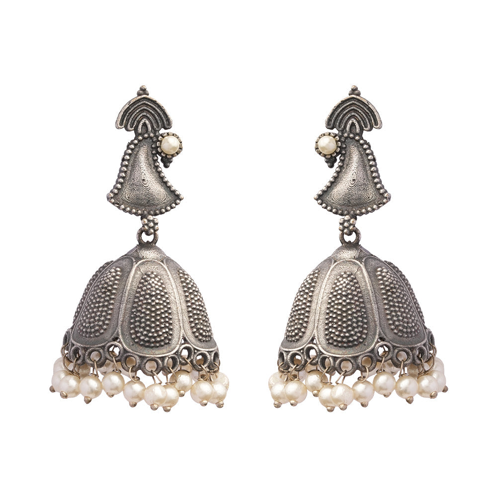 NeelKanthi- Silver Brass Pearl jhumka earrings