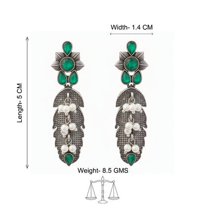 MotiPatra- Silver Brass Pearl dangler earrings (Green)