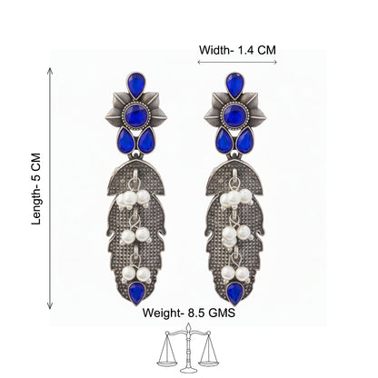 MotiPatra- Silver Brass Pearl dangler earrings (Blue)