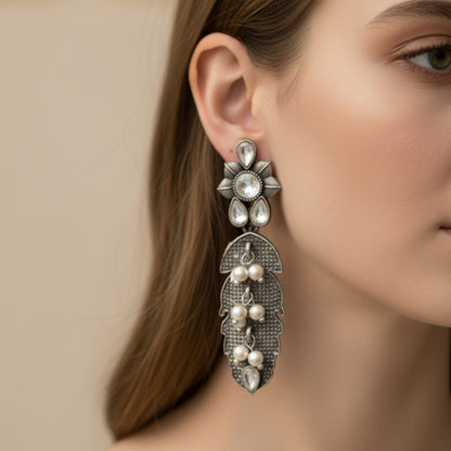 MotiPatra- Silver Brass Pearl dangler earrings (White)