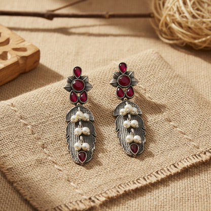 MotiPatra- Silver Brass Pearl dangler earrings (Red)