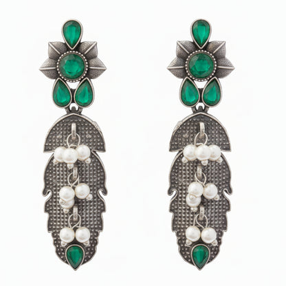 MotiPatra- Silver Brass Pearl dangler earrings (Green)